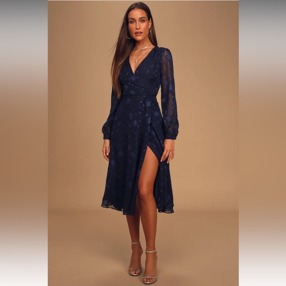Evening of Elegance Navy Blue Floral Jacquard Wrap Midi Dress, M NWT
